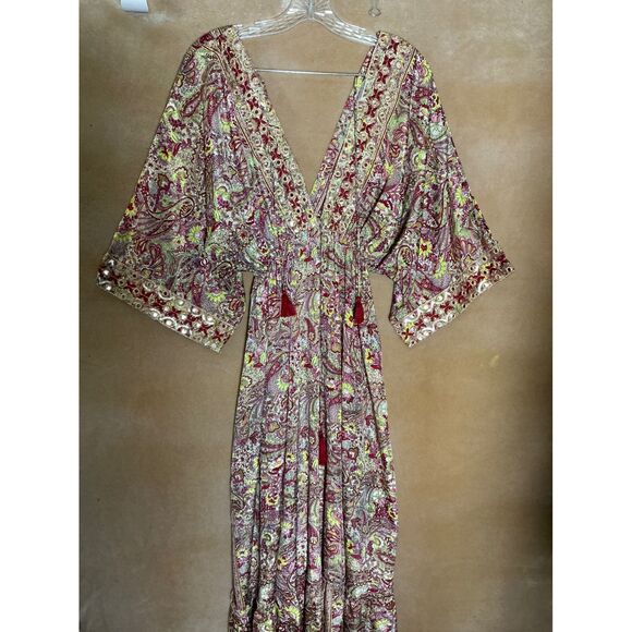 Boho Paisley Print Maxi Dress Kimono Sleeve Tassel V Neck Beach Cover Up - Picture 4 of 12